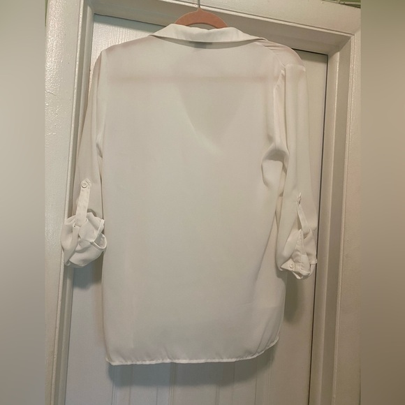 White Collared Tunic, Pullover Blouse With Roll Tab Sleeves, Size S - Picture 9 of 9